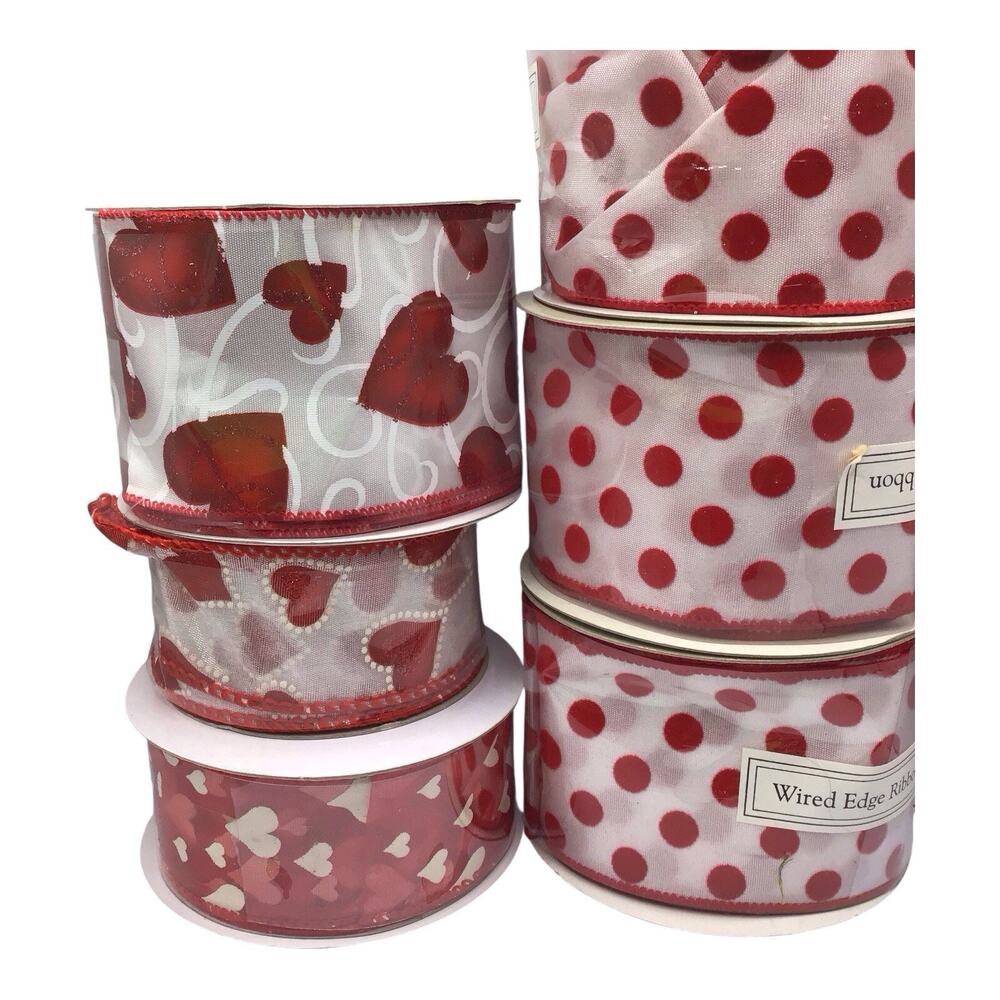 Valentine Ribbon Lot Red White Hearts Polka Dot Wired Craft Decor 6 Rolls